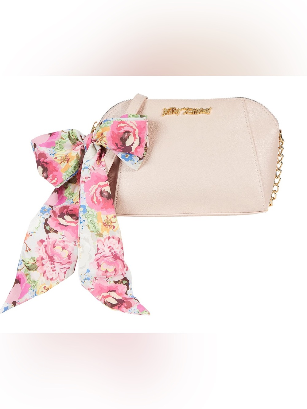 Betsy Johnson light pink crossbody purse gold chain floral bow detail